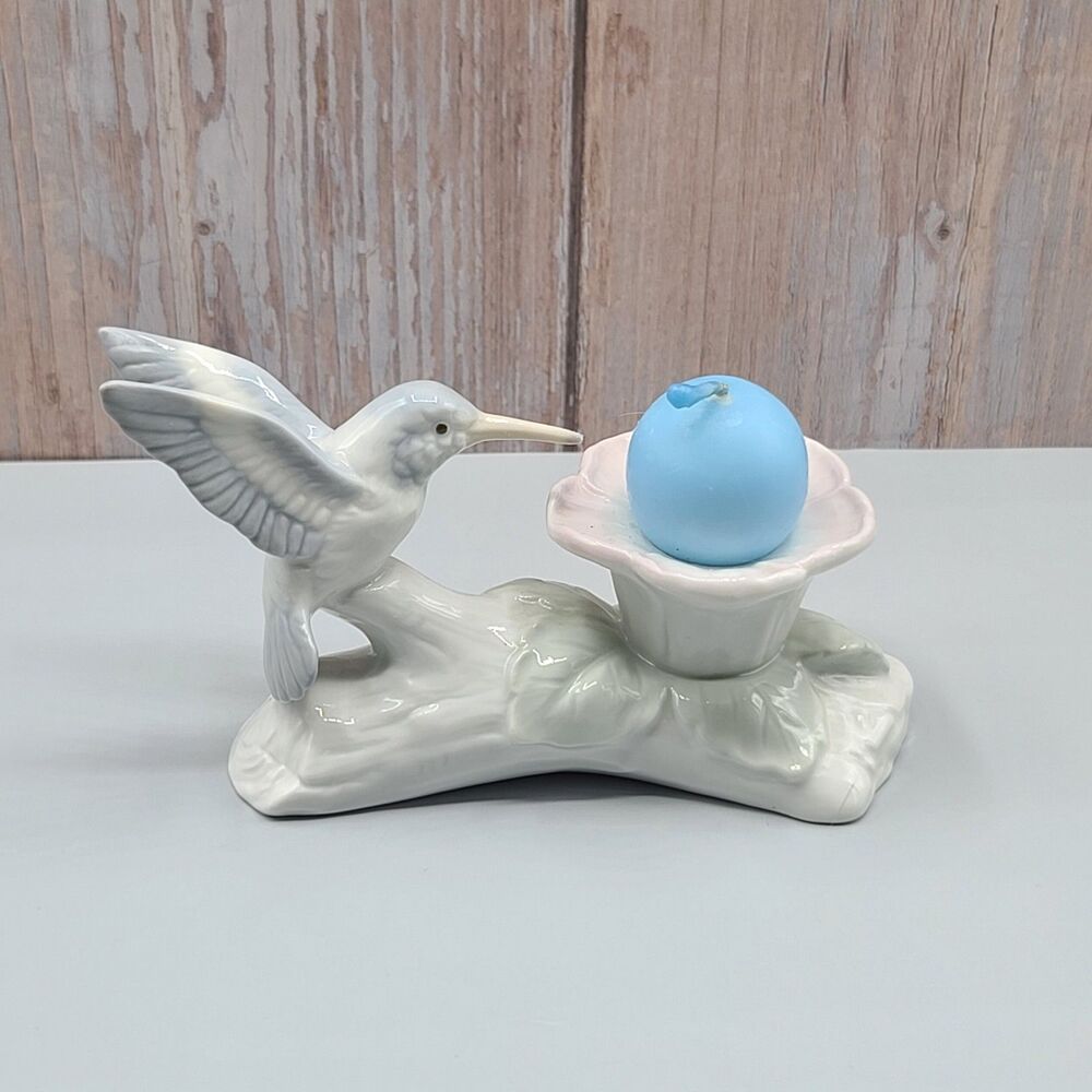 Vintage OTAGIRI Blue Hummingbird Pastel Pink Flower Taper Candle Holder Figurine